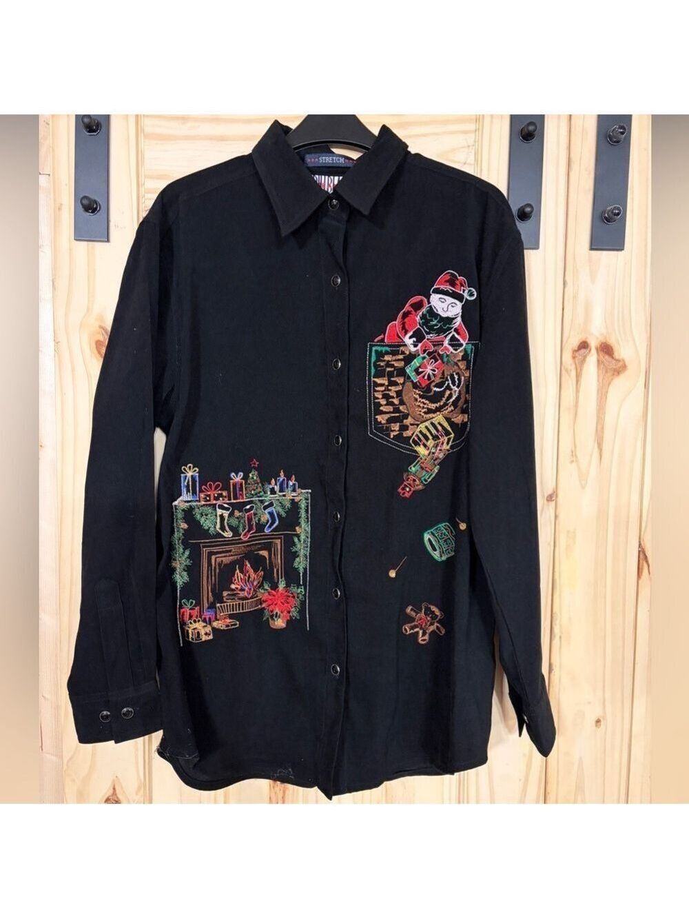 Vintage 90s Bill Blass Jeans Stretch Embroidered Christmas Holiday Santa Shirt M